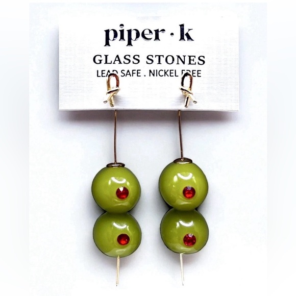 BNIP PIPER K VIRAL MARTINI OLIVES GLASS & CRYSTAL DANGLING EARRINGS - Picture 4 of 11